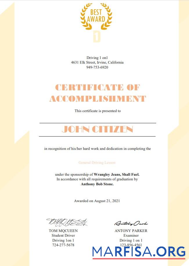 Downloadable USA Driving Cert real example